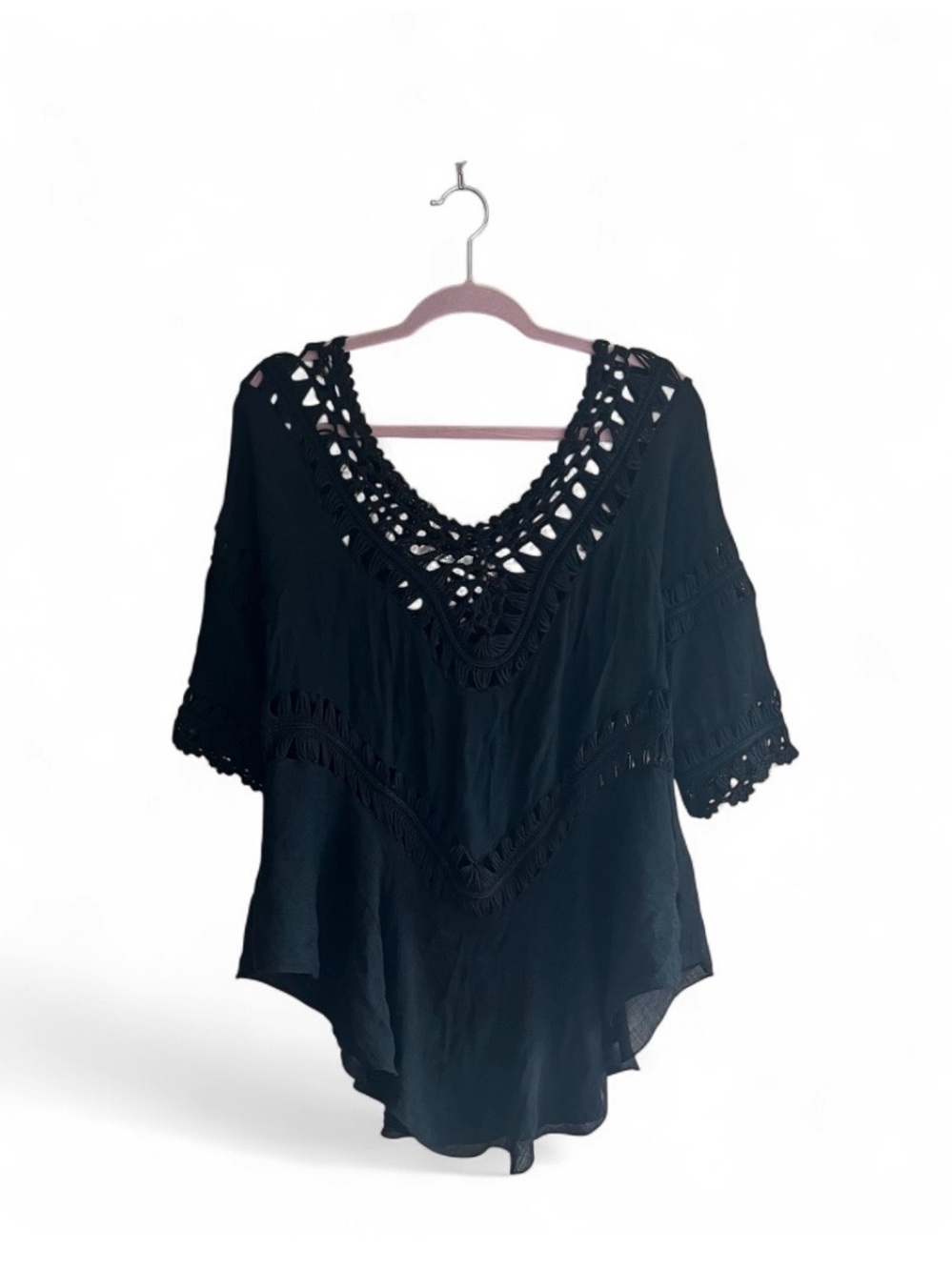 Vintage Inspired, Boho Black Crochet-Trim V-Neck Women’s Top/Cover Up